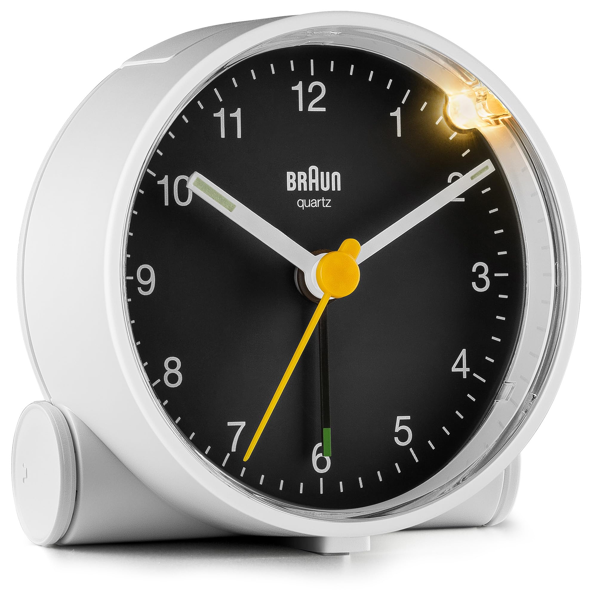 Braun Classic Analogue Alarm Clock with Snooze and Light, Quiet Quartz Movement, Crescendo Beep Alarm in White and Black, model BC01WB.