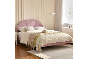 VELOCAVA Pink Bed Frame Full Size, Aesthetic Upholstered Bed with Unique Seashell Headboard, Soft Velvet Platform Bed, Strong Wooden Slats Support, No Box Spring Needed, Heavy Duty, Easy to Assemble
