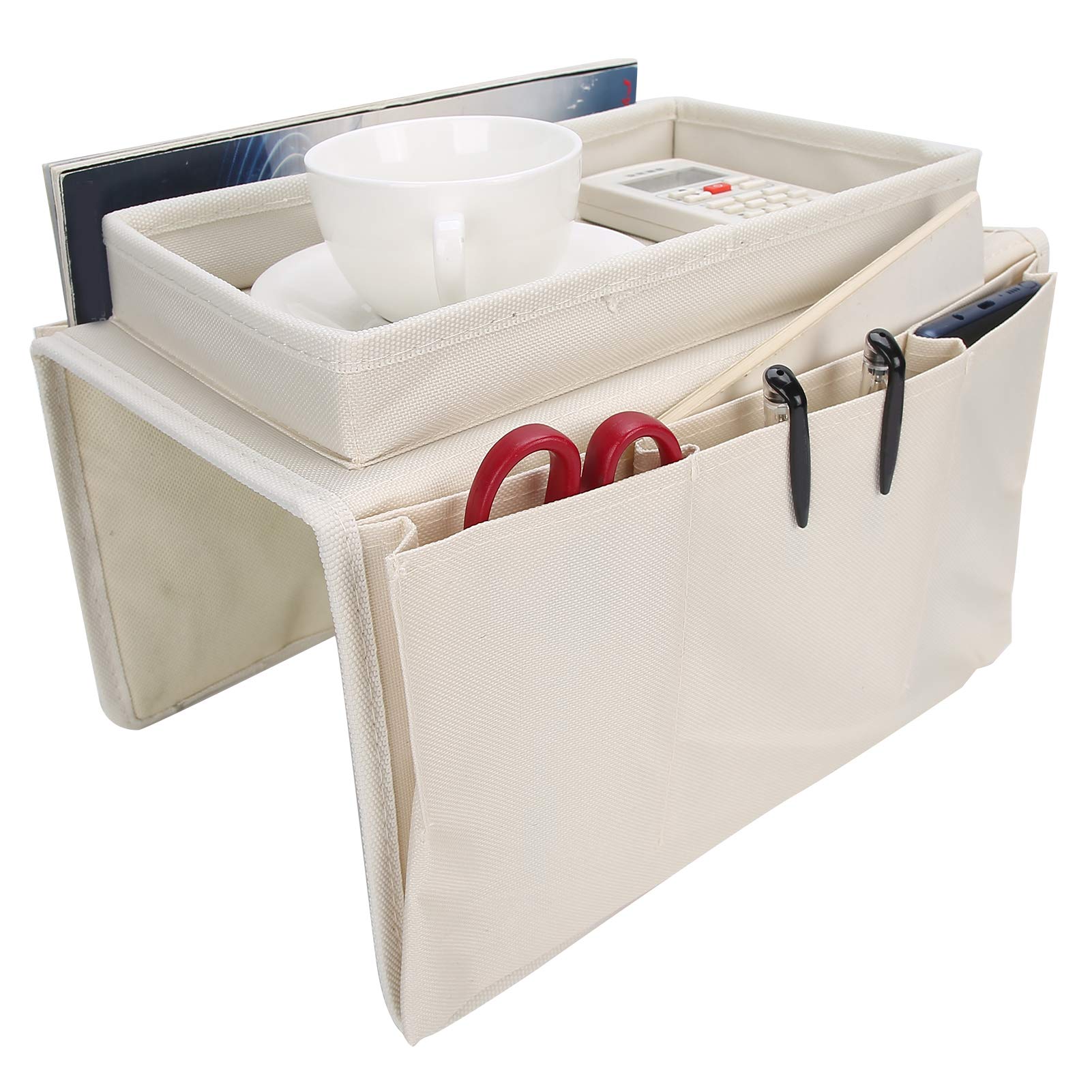 Fdit Armrest Organizer Remote Control Holder with 4 Pockets Couch Sofa Chair Armchair Caddy with Cup Holder Tray(Beige)