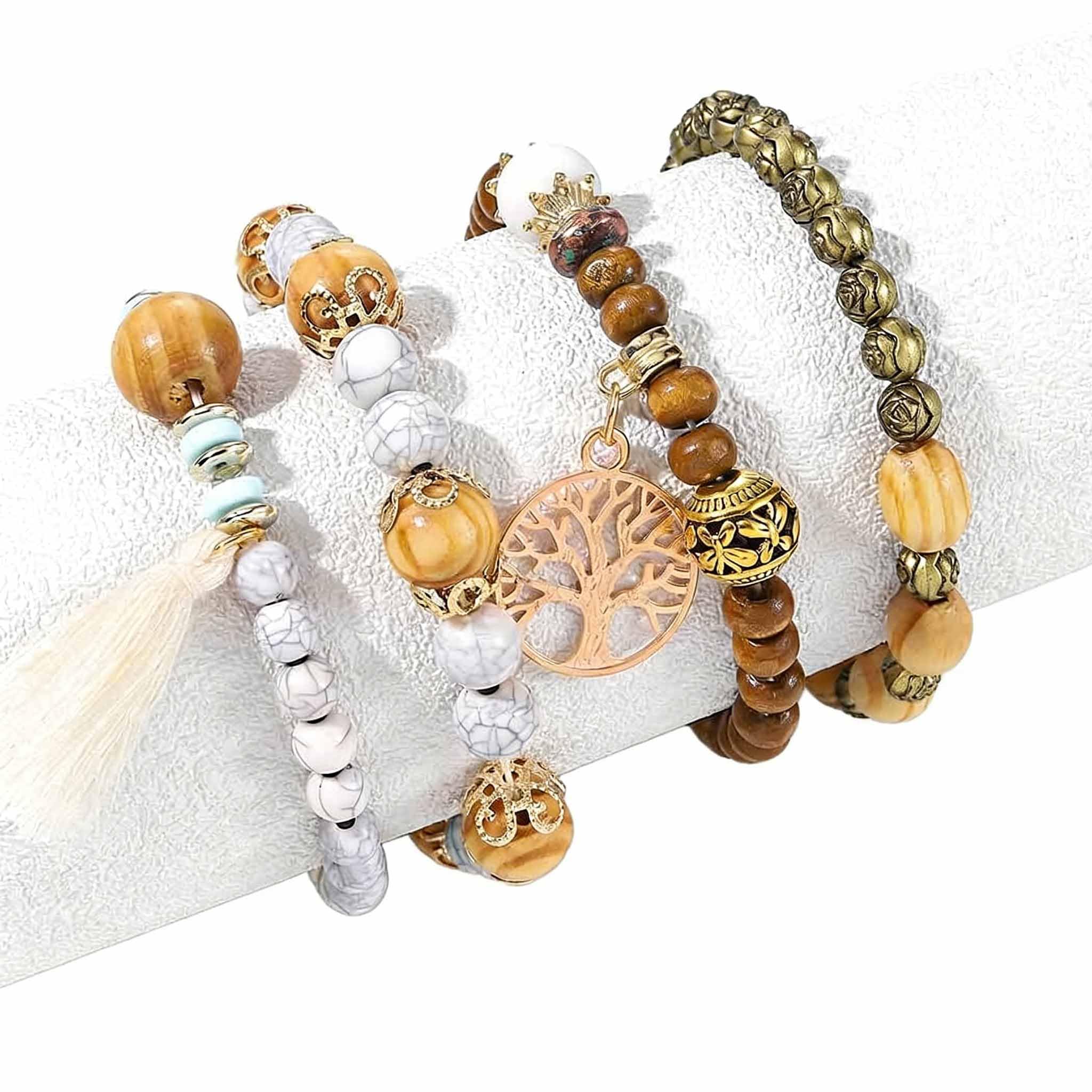 Chaioe Bohemian Layered Bead Bracelet Stretch Tassel Bracelets Set Tree of Life Charm Statement Bangle Jewelry for Women and Girls