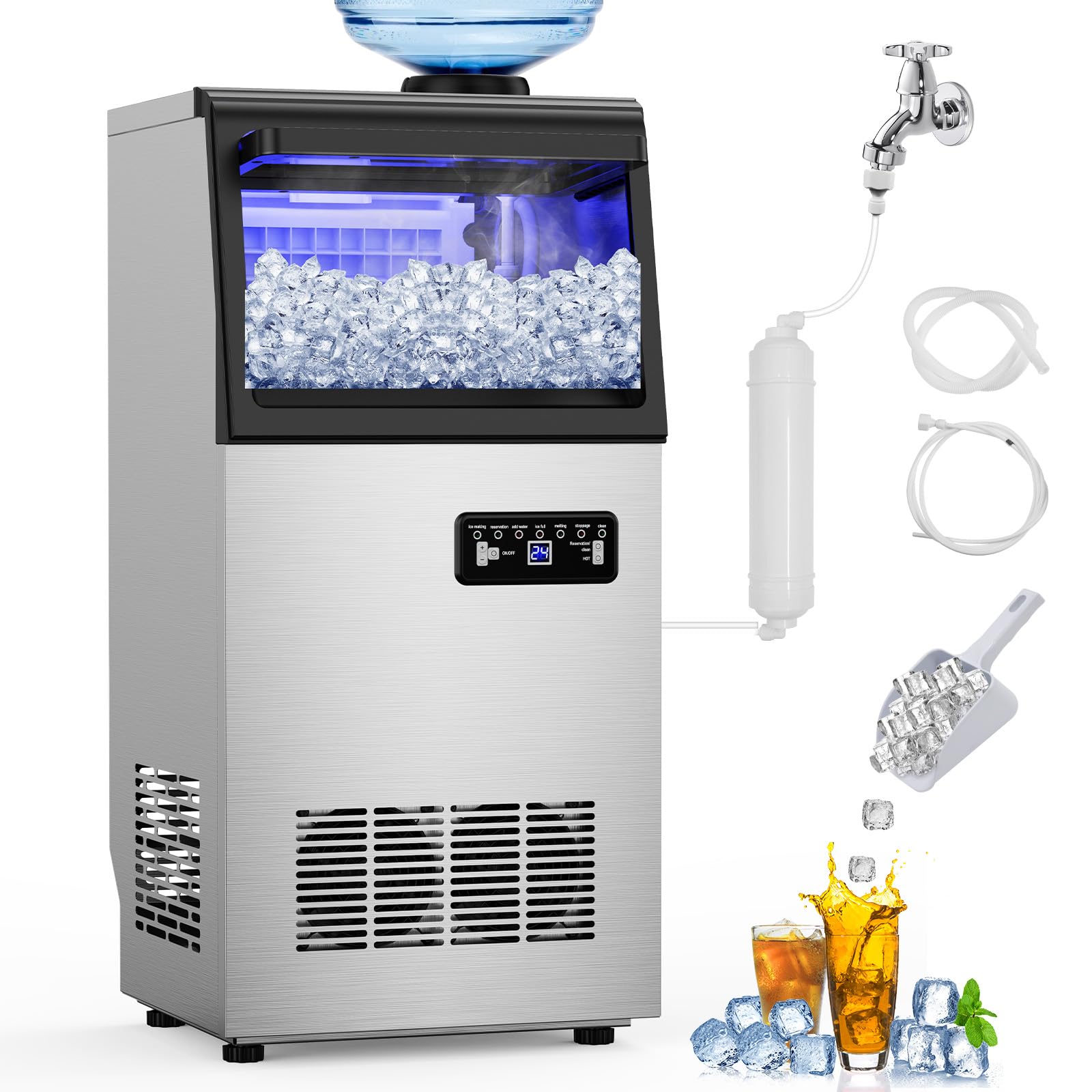 Photo 1 of Commercial Ice Maker Machine 120 LBS/24H, 40 Ice Trays Freestanding & Undercounter Ice Machine Stainless Steel with 20 LBS Ice Storage Capacity, Ice Maker with Water Line and Filter, Dual Water Inlet
