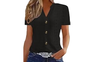 Womens Summer Tops Twisted Button Short Sleeve Shirts V Neck Casual Loose Blouses Eyelet Embroidery Henley Shirt