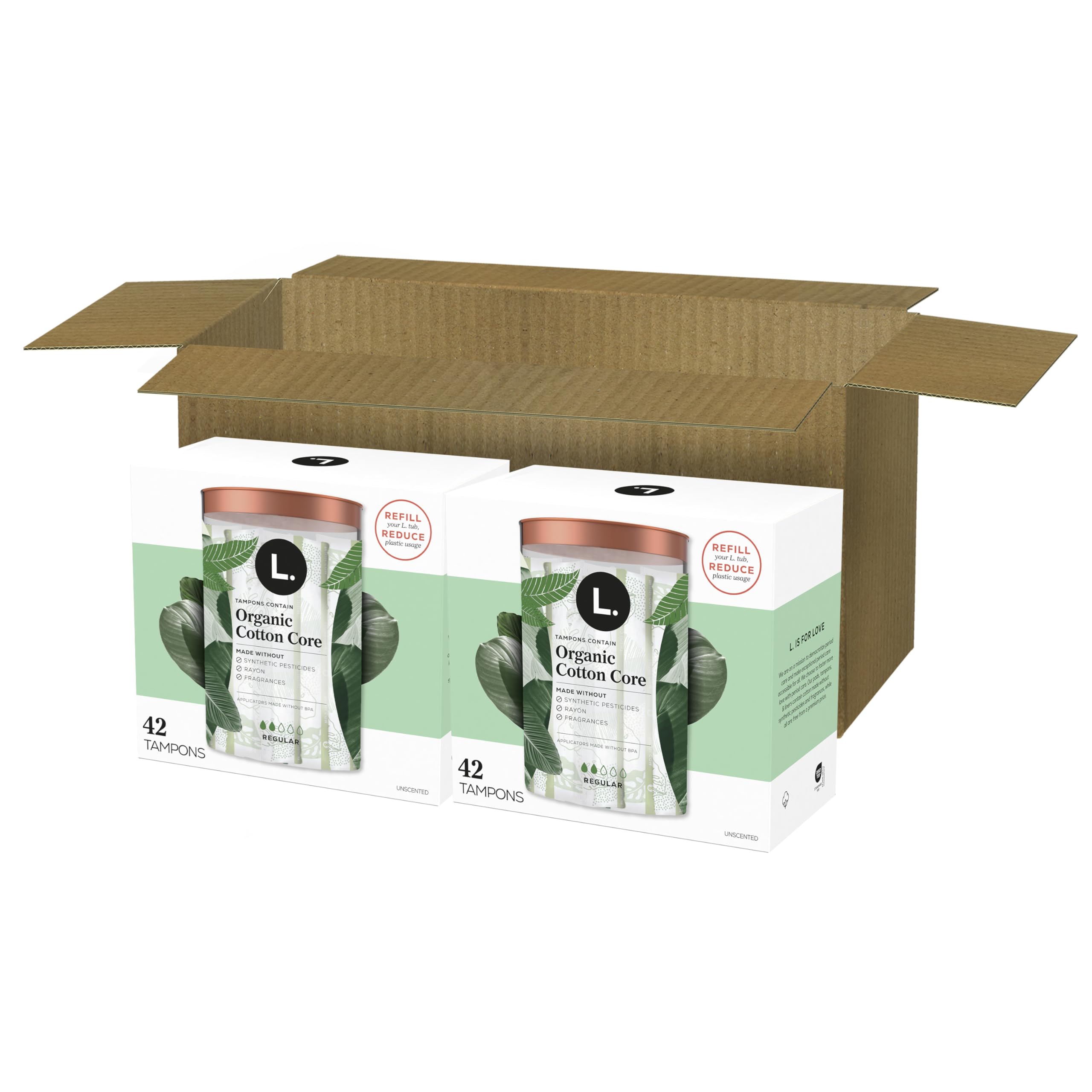 L. Cotton Tampons Regular Absorbency, Contains an Organic Cotton Core, Made Without Synthetic Pesticides, or Fragrances 84 Count (2 Packs of 42)