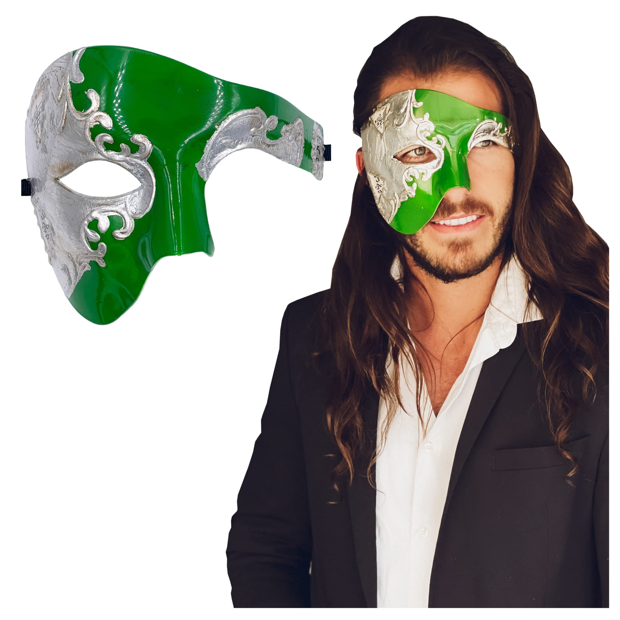 Luxury Mask Half Face Mask Masquerade Phantom Of The Opera One Size Silver/Green