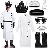 Jiuguva 9 Pcs Halloween Mad Scientist Costume for Adult Men including Coat Belt Cups Gloves Goggles Wig Mustache Eyebrows