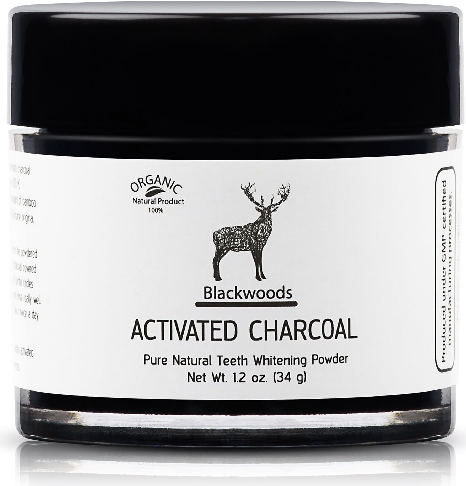 Blackwoods Charcoal Teeth Whitening | Black Carbon Activated Charcoal Powder by Blackwoods Active Charcoal Teeth Whitener from Organic Bamboo + Jar/1.2oz Pure Natural