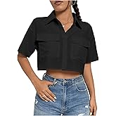 MakeMeChic Women's Cropped Button Up Shirt Short Sleeve Collar Shirts Blouse Crop Tops