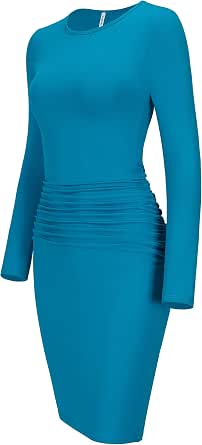 Laughido Women's Ruched Bodycon Dress - Long Sleeve Knee-Length Fitted Midi Dress