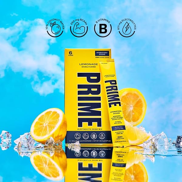 PRIME HYDRATION+ STICKS LEMONADE | HYDRATION POWDER SINGLE SERVE STICKS | ELECTROLYTE POWDER ON THE GO | LOW SUGAR | CAFFEINE-FREE | VEGAN | 6 STICKS
