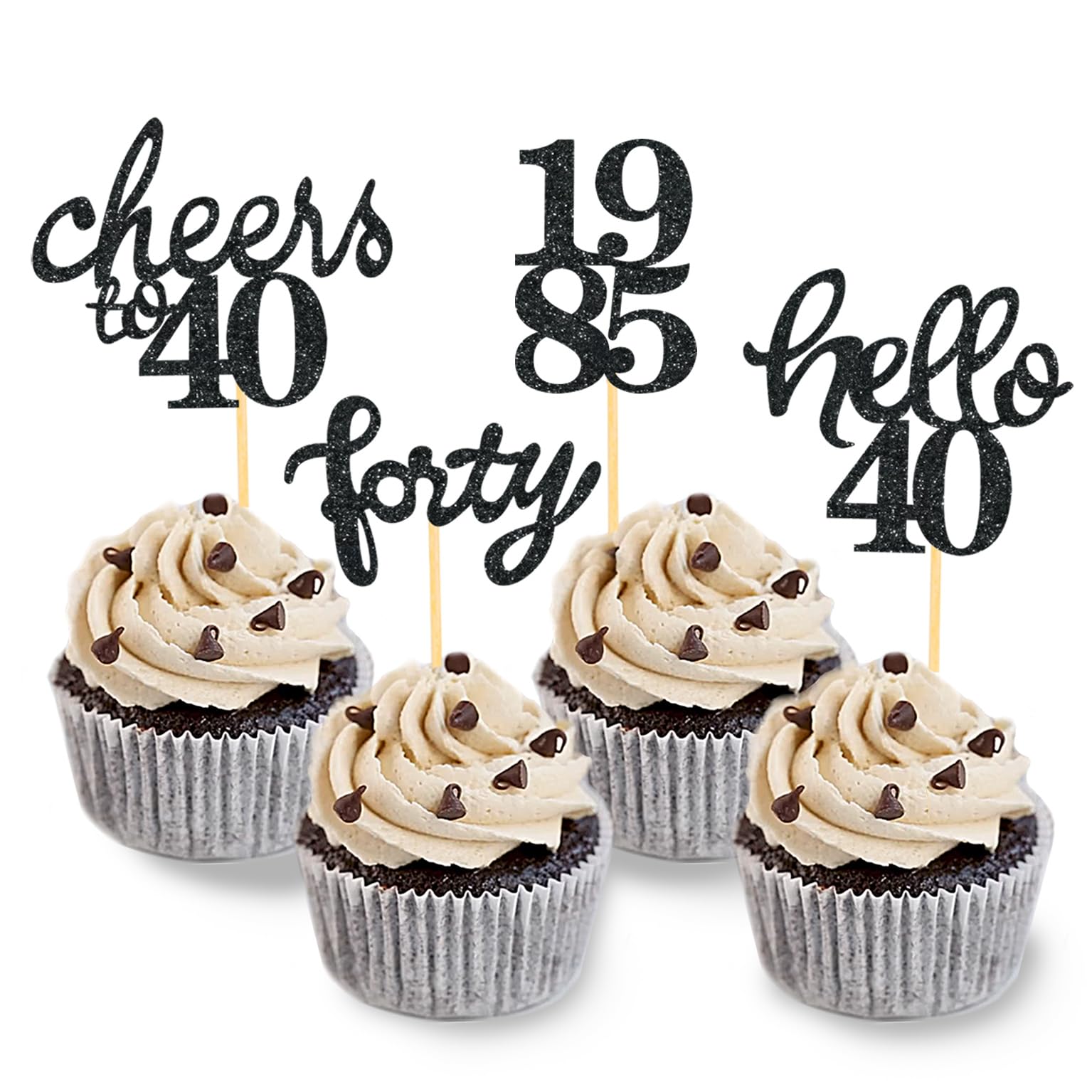 Photo 1 of 24 Pcs Glitter 40th Birthday Cupcake Toppers for Celebrating Forty Years Old Birthday Party Decorations (Glitter Black)