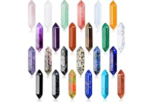 MODACRAFT 24Pcs Healing Crystals Stones Sets, Hexagonal Bullet Shaped Reiki Meditation Gemstone Chakra Stones Tiger Eye Obsidian Quartz Crystals Gemstone Wand Set Pendants with Storage Box
