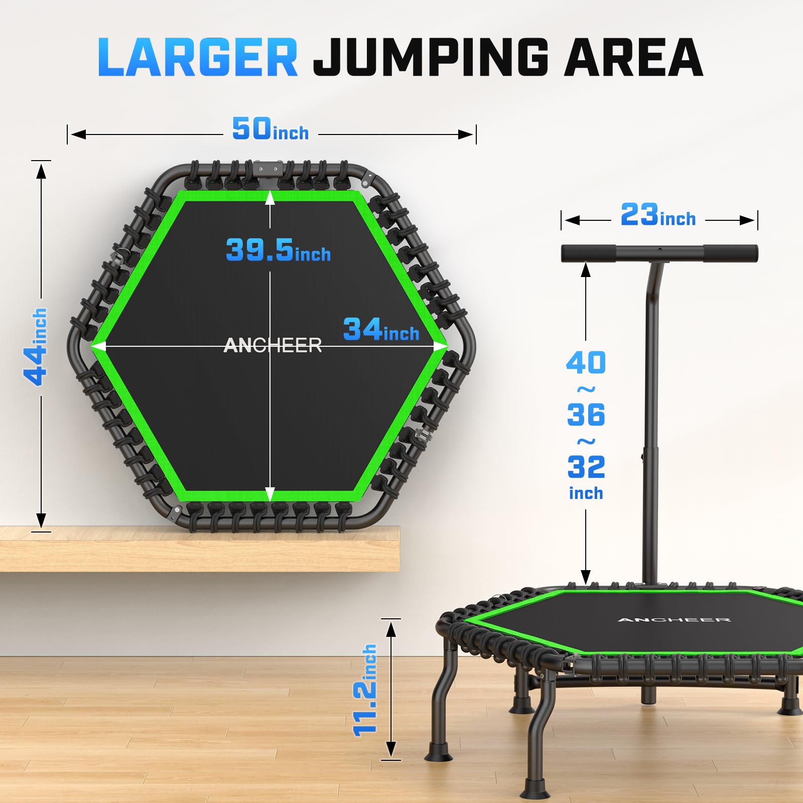 ANCHEER Trampoline, 50'' Rebounder Trampoline for Adult with Bar, Indoor Outdoor Mini Trampoline, 550LBS Fitness Trampoline with Bungee, Jumping Cardio Equipment, Exercise Trampoline at Home Gym