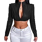 SEMATOMALA Women's PU Faxu Leather Mock Neck Cropped Jacket Long Sleeve Zip Up Bolero Coat Y2K Shirt Crop Tops