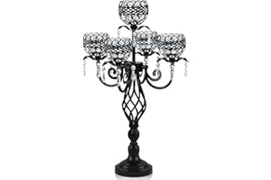 KOLNLALA Elegant 5-Head Candelabra Centerpiece with Crystal Pendants - 23 Inch Tall Table Centerpiece for Weddings, Parties, Home Decor for Mother’s Day, Holidays & Special Occasions (1, Black)
