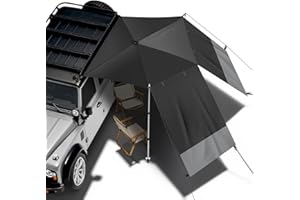 SKYJDM Car Awning for SUV/Truck RV, Shade Waterproof Roof Rack Awning with Side Wall, Heavy Duty Suction Cups & Reinforced Poles for Overland, Camping, Beach, Tailgating (Black)