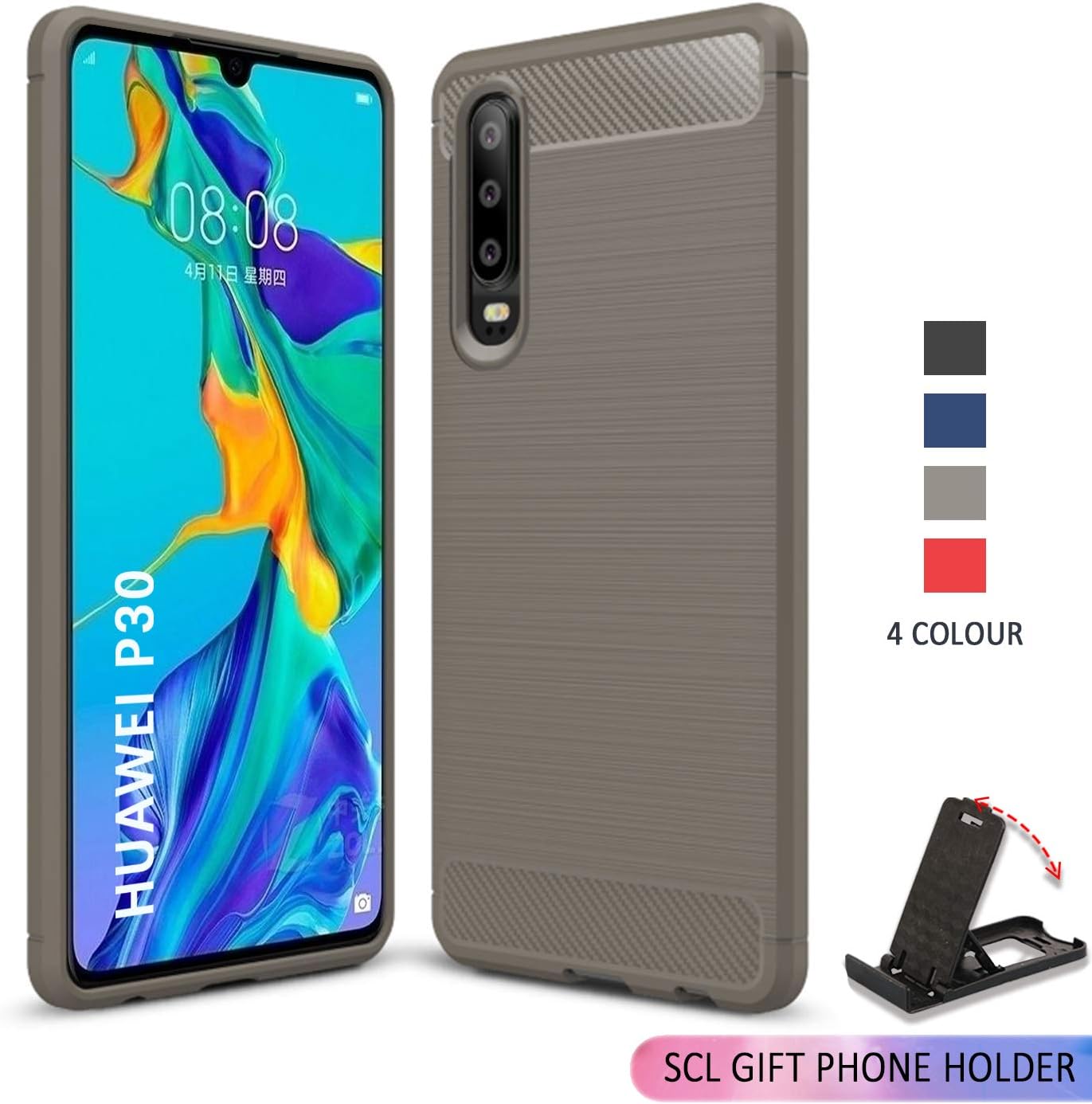SCL [Gray] Case for Huawei P30/P30 Pro, Carbon Fiber Effect Gel Grip Protection Cover [Anti Scratch][Anti Collision] Compatible with The Huawei P30/P30 Pro