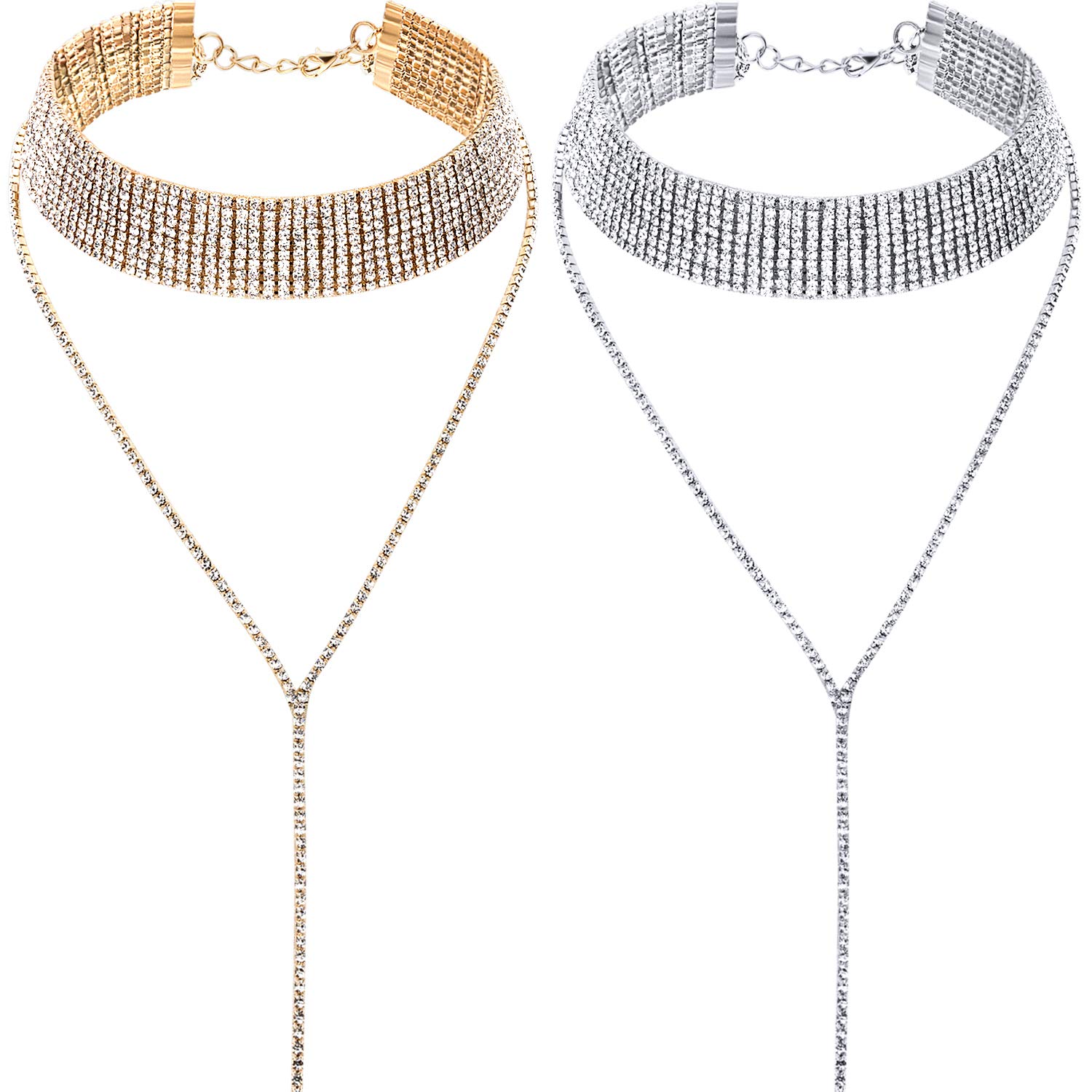 meekoo Womens 2 Pieces Rhinestone Tassel Choker Necklace Multi-Layer Wide Collar Necklaces Tassel Chain Necklaces Favor