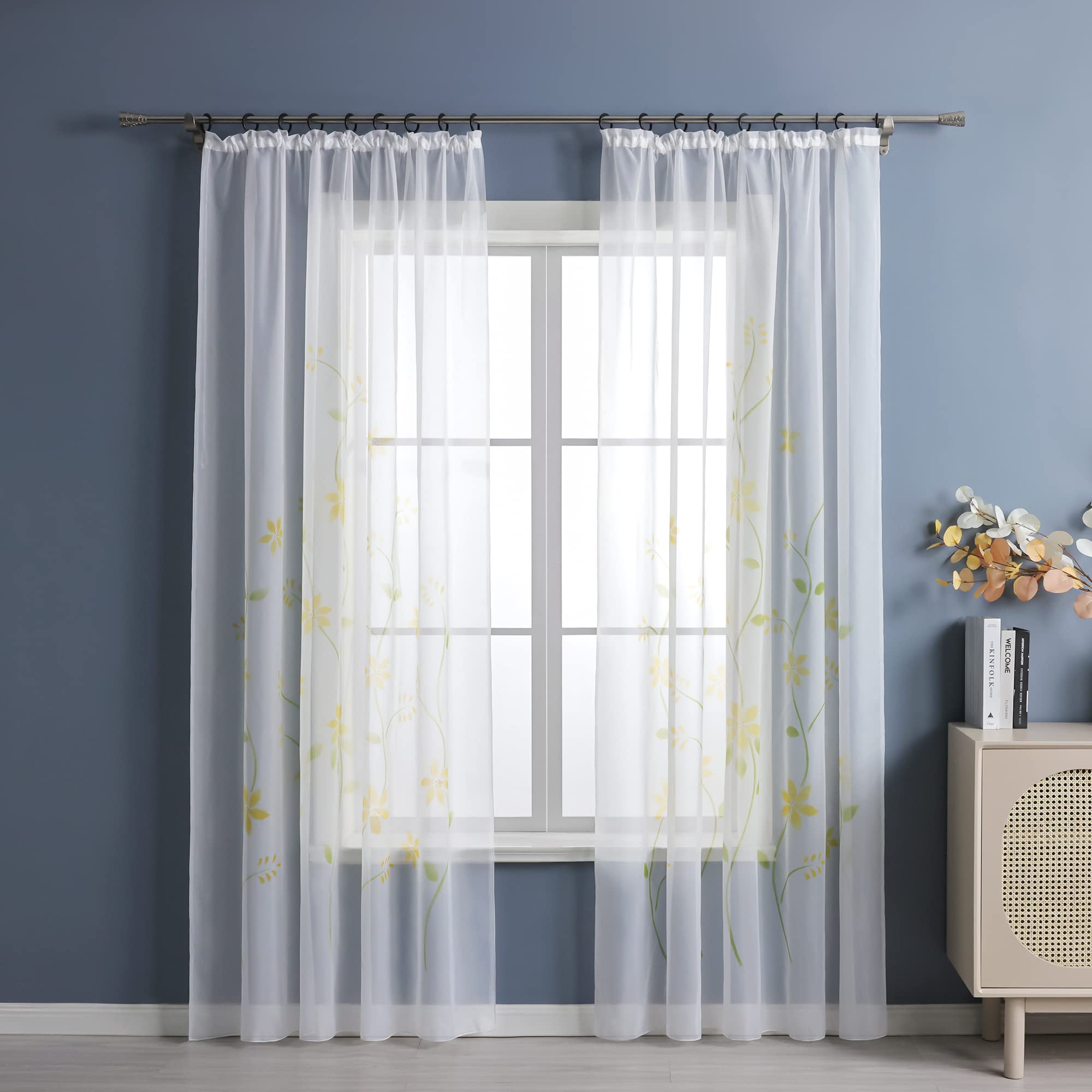 Yujiao Mao Voile Curtain with Floral Print Flowers Colourful Curtains Scarf with Ruffle Tape Pack of 1 Yellow W x H 150 x 145 cm