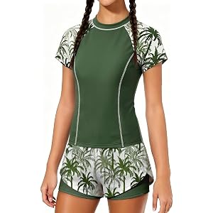 NikNio Girls Swimsuit 2 Piece UPF 50+ Rash Guard Set Short Sleeve Modest Bathing Suit with 2-in-1 Shorts Swimwear 7-16Y