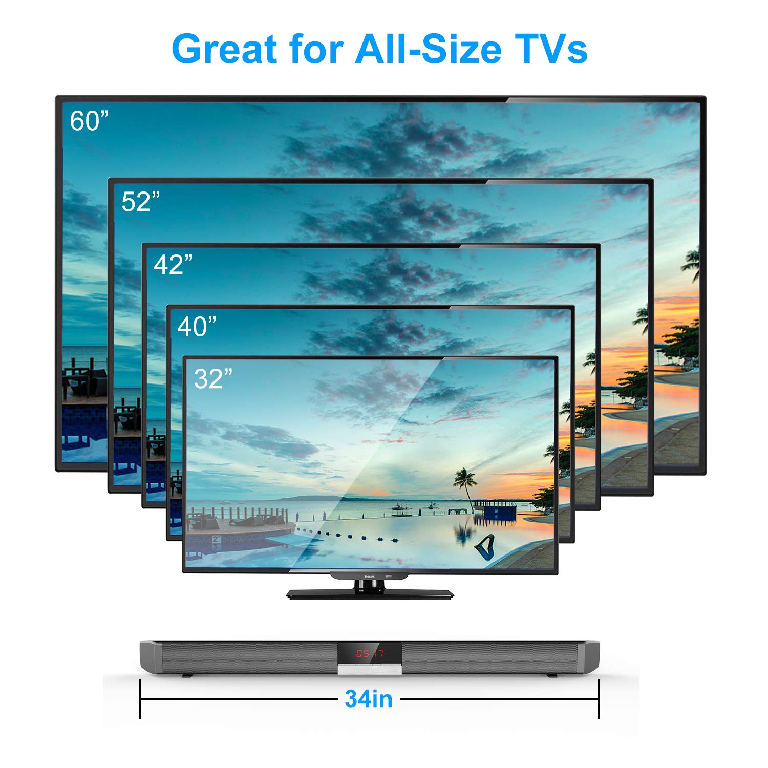 Sound Bar, 2.0 Channel Wired&Wireless Bluetooth Stereo Soundbar, Three Equalizer Mode Audio Speaker for TV (Optical Cable Included,DSP,Bass Adjustable,Wall Mountable)