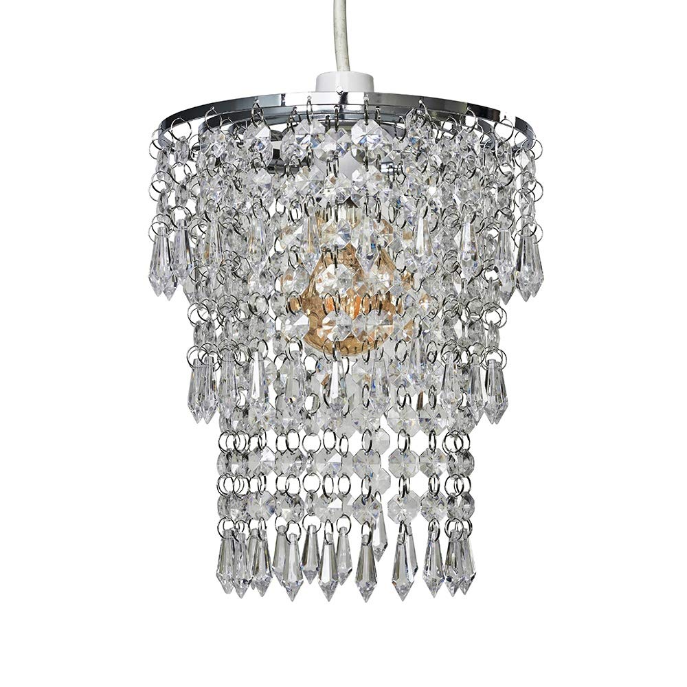 MiniSun | Modern Chrome Chandelier with Clear Acrylic Jewel Droplets | Pendant Lights, Home Décor & Improvement Essential | 20cm Shade Width
