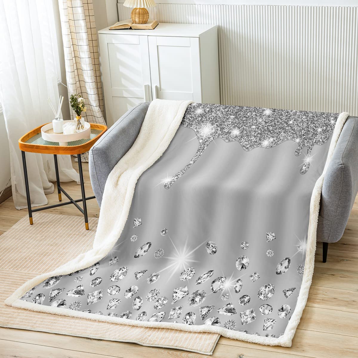 Loussiesd Silver Glitter Throw Blanket (No Glitter) Blingations Grey Plush Blanket for Bed Sofa Kids Diamond Jewelry Sherpa Blanket Breathable Warm Fuzzy Blanket 40x50 Inch