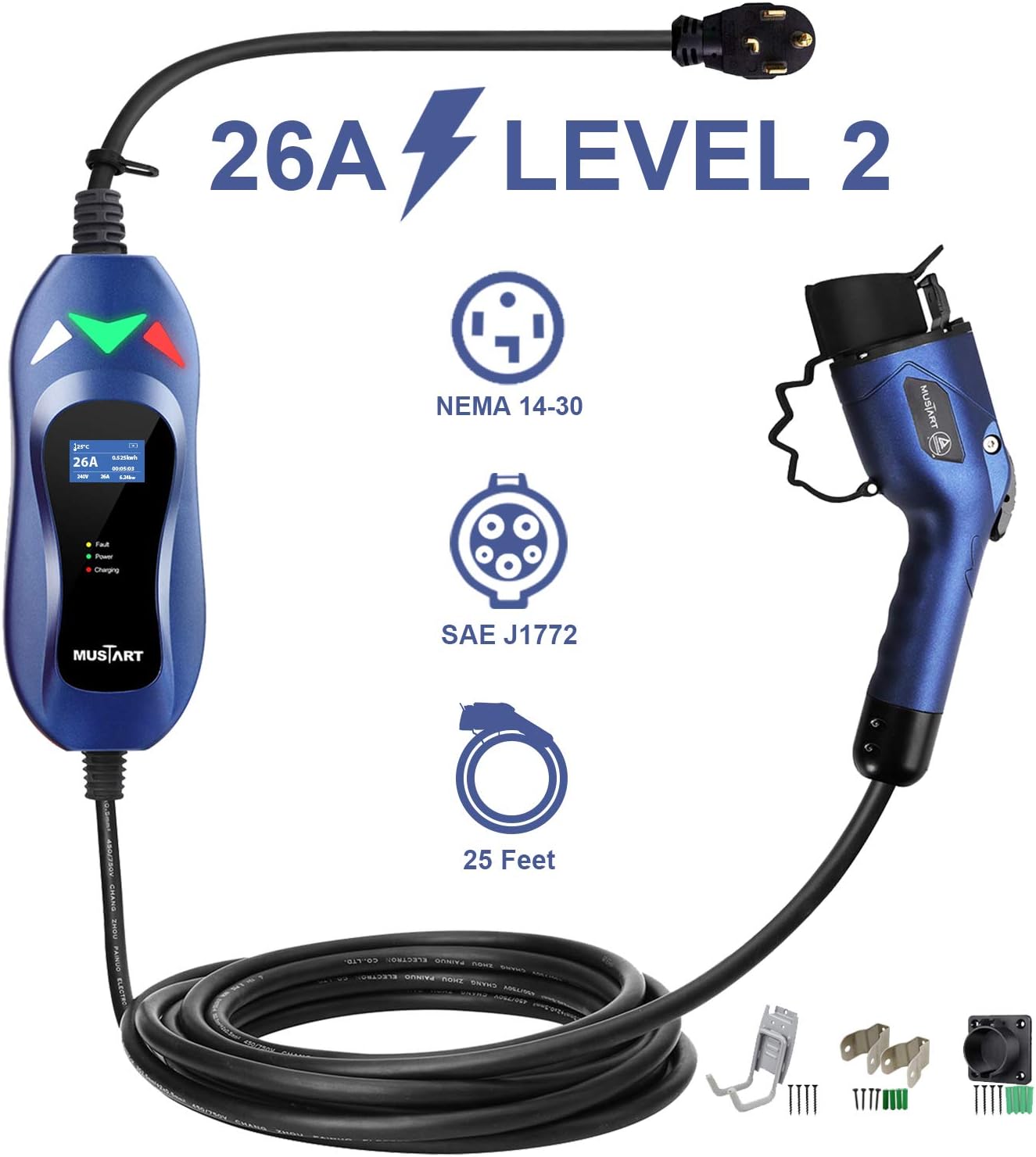 MUSTART Level 2 Portable EV Charger (240 Volt, 25ft Cable, 26 Amp), Electric Vehicle Charger Plug-in EV Charging Station with NEMA 14-30P （Update Version）