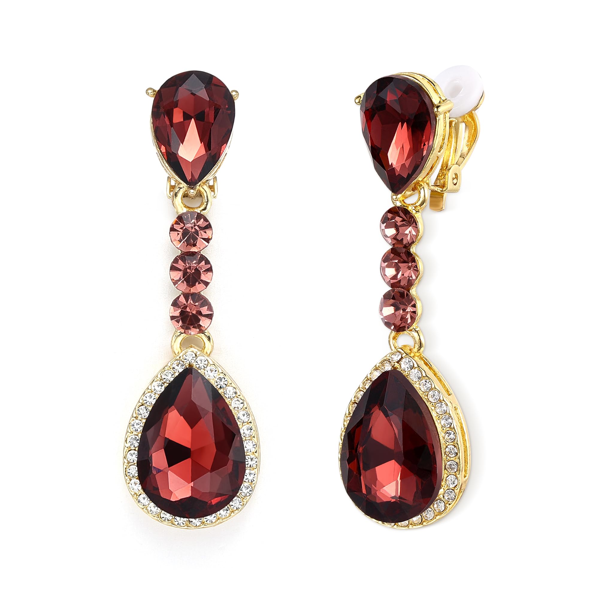 Clearine Crystal Teardrop Dangle Round Crystal Clip-On Earrings for Women Costume Statement Wedding Bridal Jewellery Red Garnet Colour Gold-Tone
