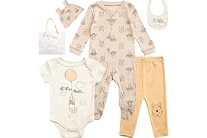 Disney Newborn Baby Girl Boy Clothes - 7 Piece Mickey Mouse Winnie the Pooh Bib Onesie Overall Beanie Pants Gift Bag Gift Set