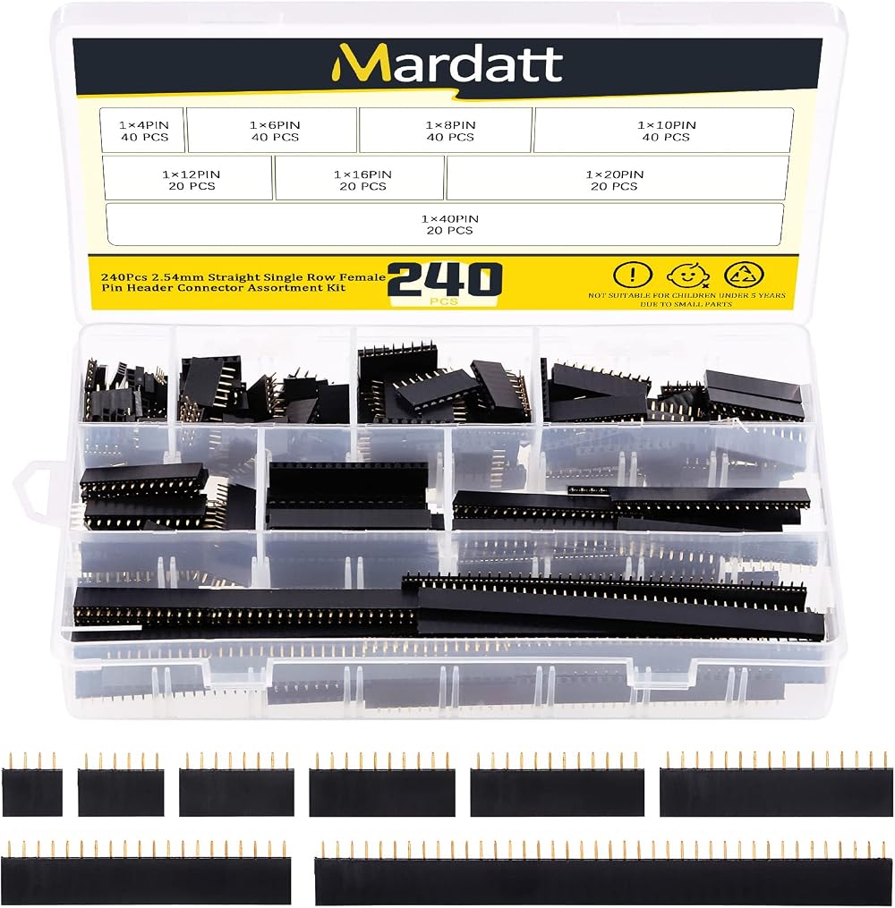 Mardatt 240Pcs 2.54mm Female Pin Header Assortment Kit 4-40 Pins PCB Connector