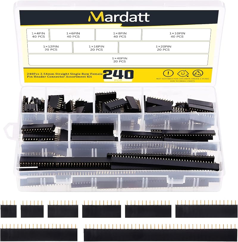 Mardatt 240Pcs 2.54mm Female Pin Header Assortment Kit 4-40 Pins PCB Connector