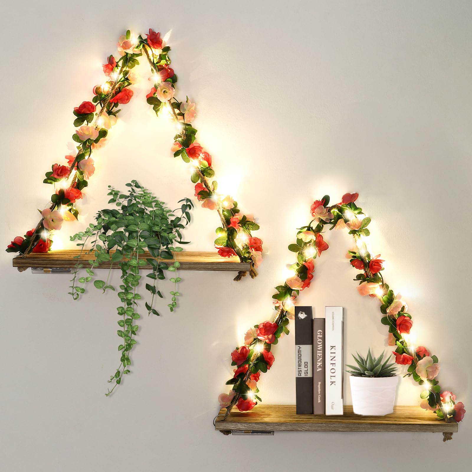 Dremisland 2PCS Macrame Hanging Shelves Artificial Flower LED-Strip Rustic Wood Floating Storage Shelf Display Plants Photos Boho Floating Shelves Wall Decor for Bedroom Living Room Kitchen