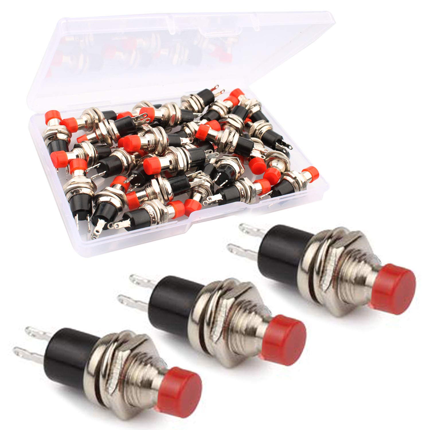RUNCCI-YUN 30pcs Red 7mm Momentary Mini Push Button Switch Normal Open, 250VAC 1A SPST ON/OFF 2 Pin Round push switches for Model Railway Hobby