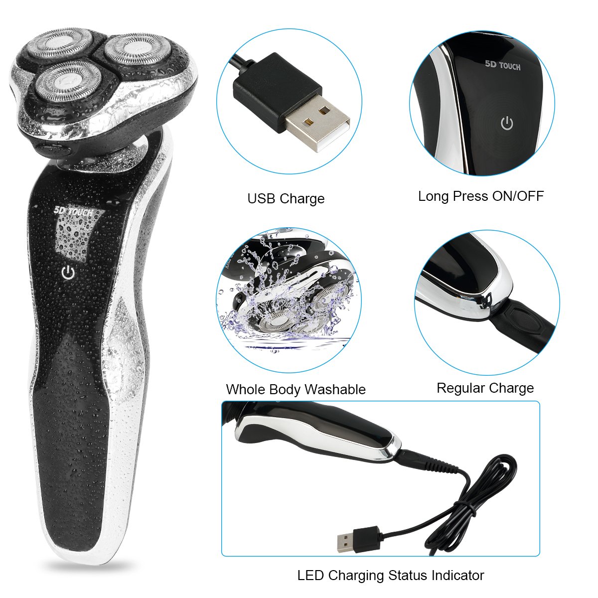 Rasoirs Électrique hommes 4 en 1, Rasoir à Têtes Rotatives Lavable Sans Fil Imperméable Rechargeable Humide/Sec Chargement USB Nez et Oreille, Rasage Rasoir Electrique Kit