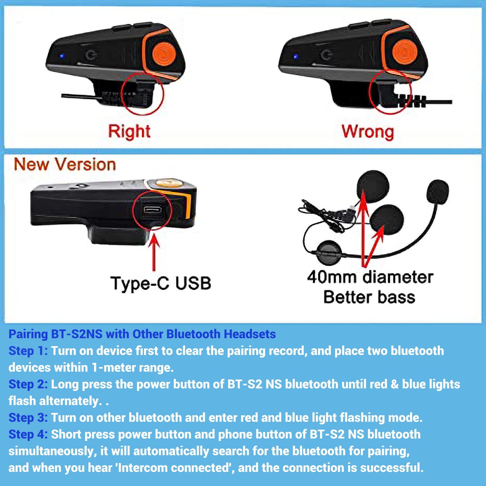 Yaconob BTS2NS Motorcycle Bluetooth Snowmobile Helmet Bluetooth Headset, 1000m Helmet