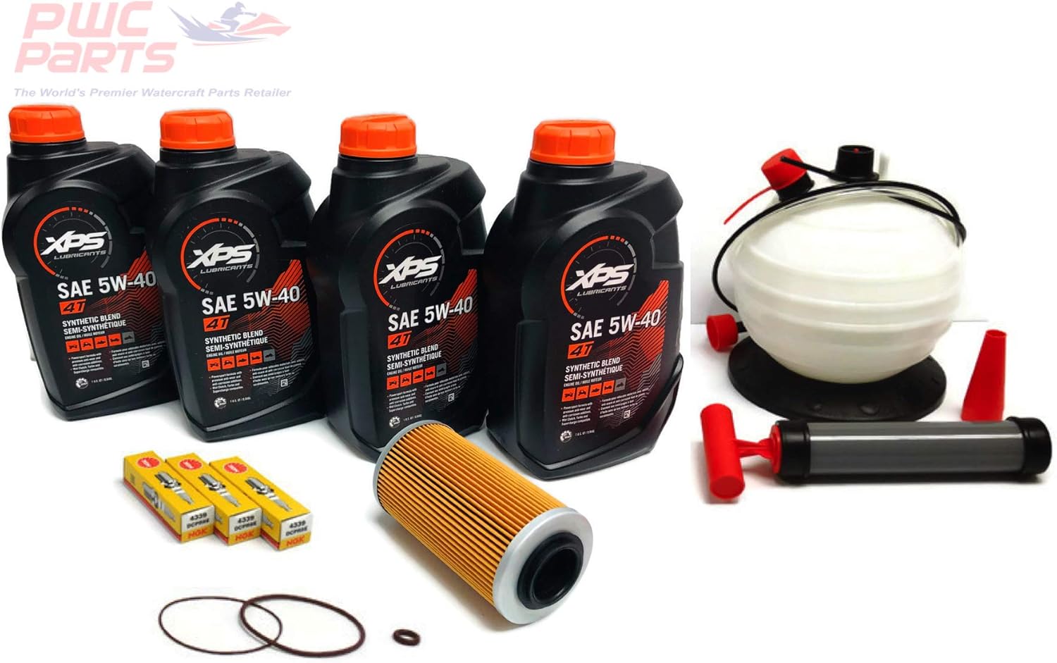 SeaDoo 4-TEC Oil Change Kit ALL 2002+ 4-TEC 130/155/185/215/255/260hp GTX RXT RXP RXP-X RXT-X GTI w/ 4 Quarts XPS 05W30 Oil, 4-TEC Oil Filter, O-Ring Kit, NGK Spark Plug Set, 6L Oil Extractor Pump