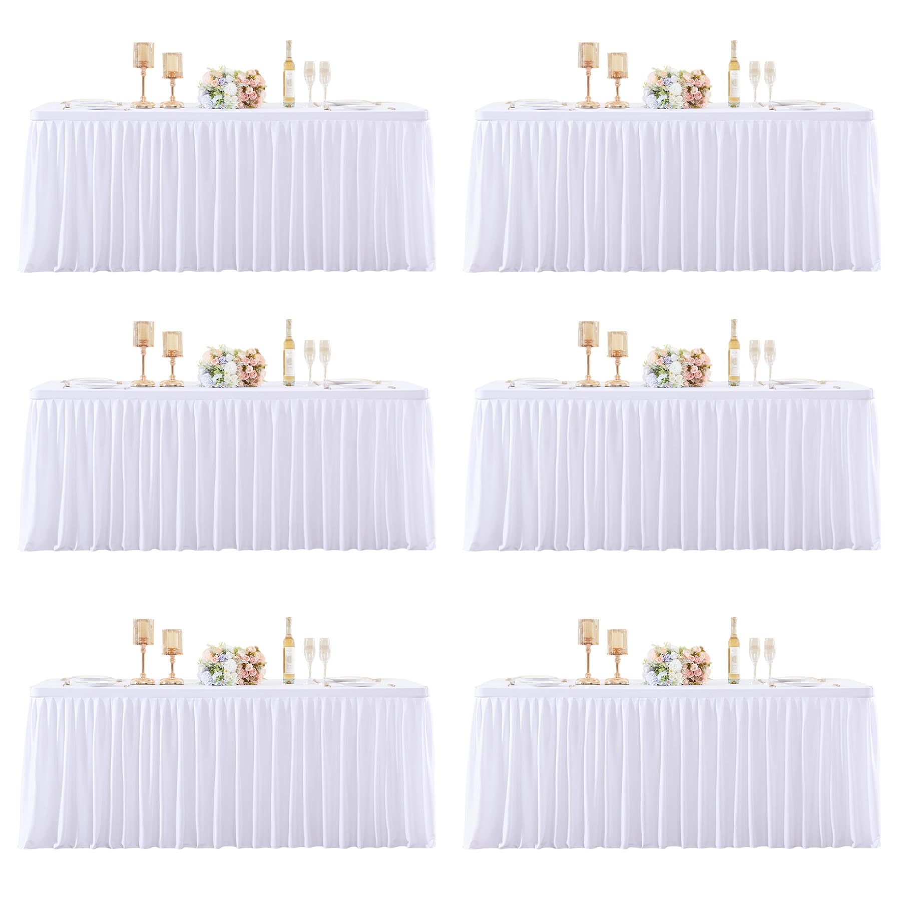 Photo 1 of 6 Packs White Polyester Table Clothes for 6 Foot Rectangle Tables, Wrinkle Free Fitted Table Cover 6ft Stretch Tablecloths with Skirt for Parties Weddings Birthday Banquet Baby Shower