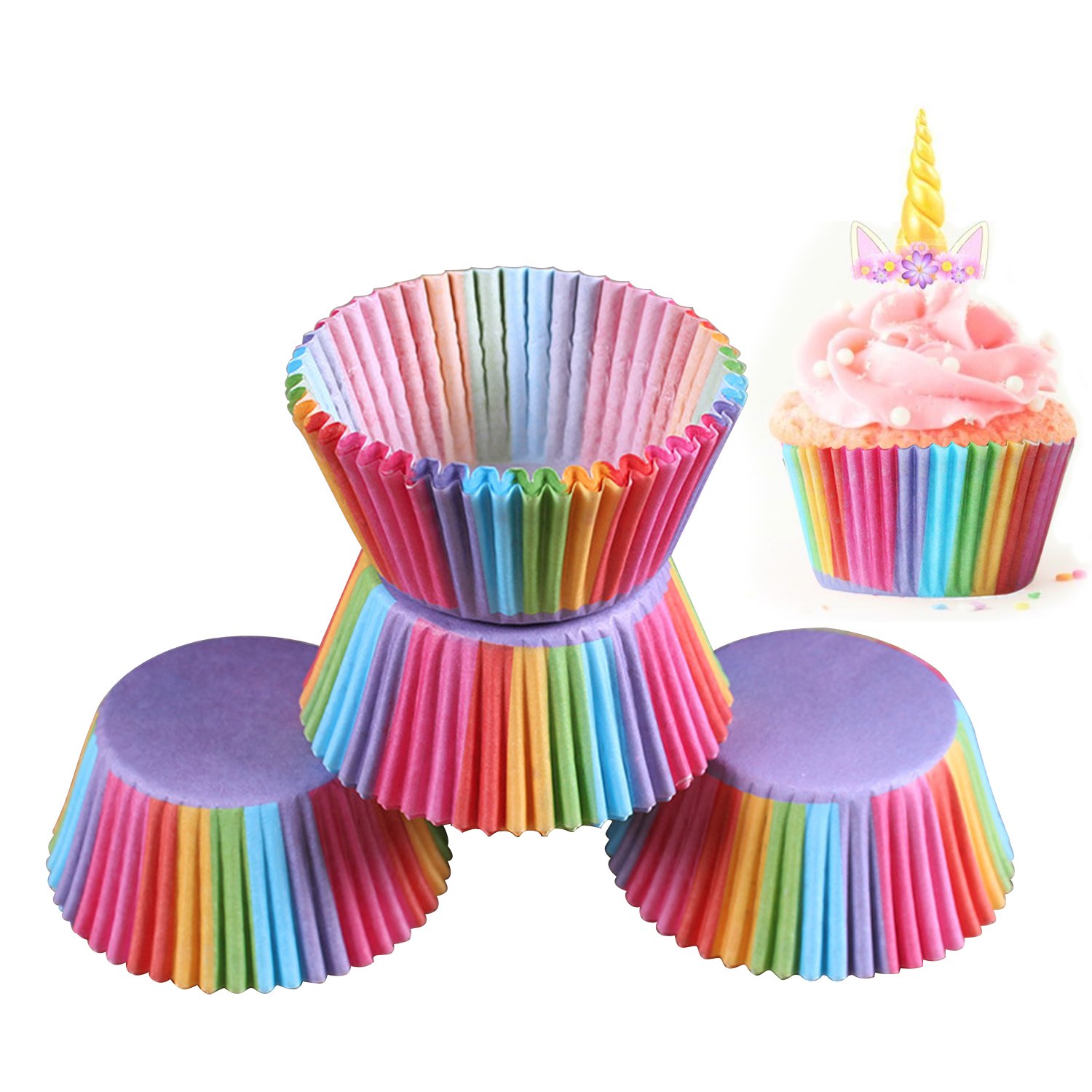 200 x Rainbow Cupcake Cases Cake Baking Muffin Standard Paper