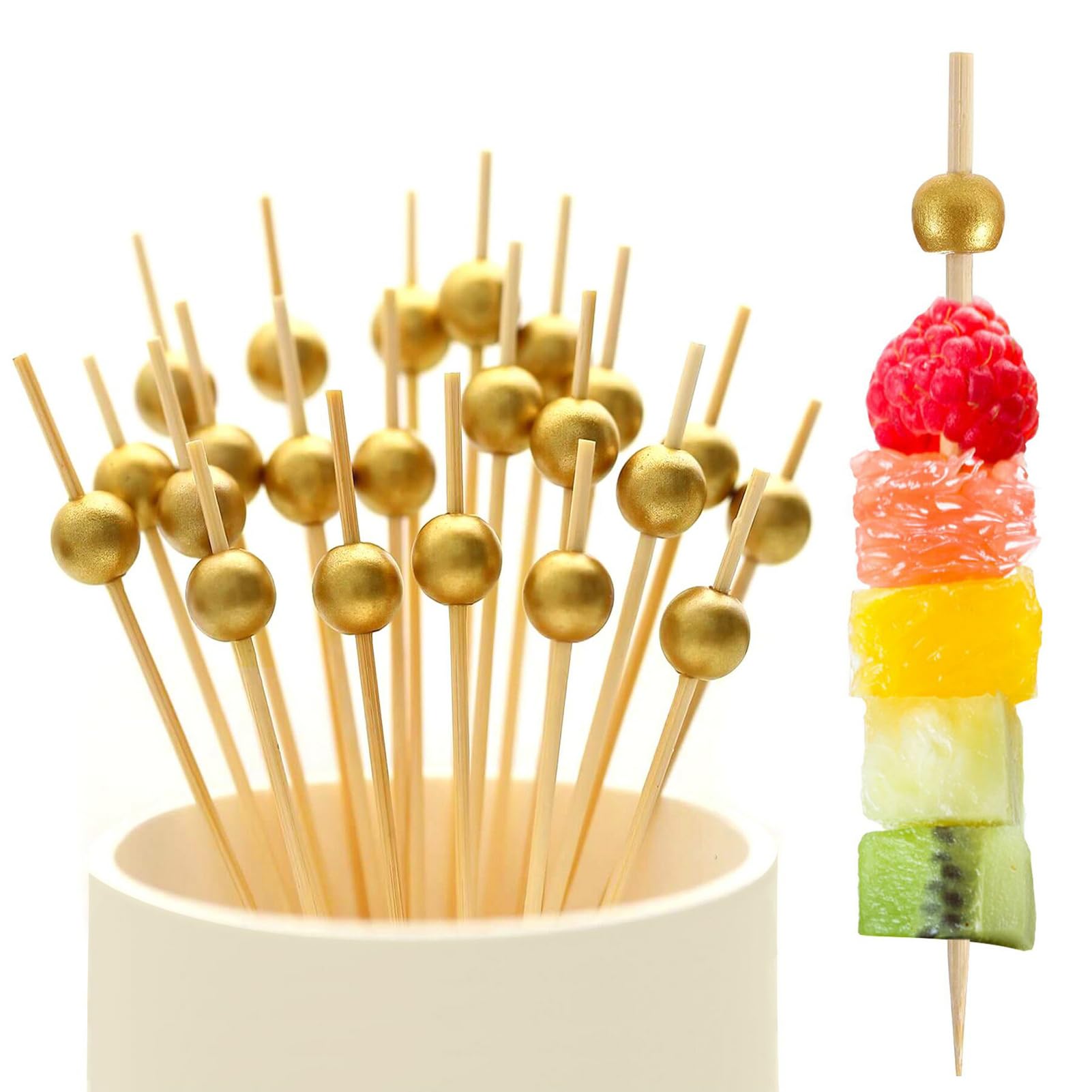 Photo 1 of 400 PCS Fancy Cocktail Picks, PEOUWNES Toothpicks for Appetizers, 4.7 Inch Bamboo Cocktail Sticks Skewers, Gold Pearl Mini Food Picks for Drinks, Fruit, Sandwich Burgers, Charcuterie, Wedding, Party