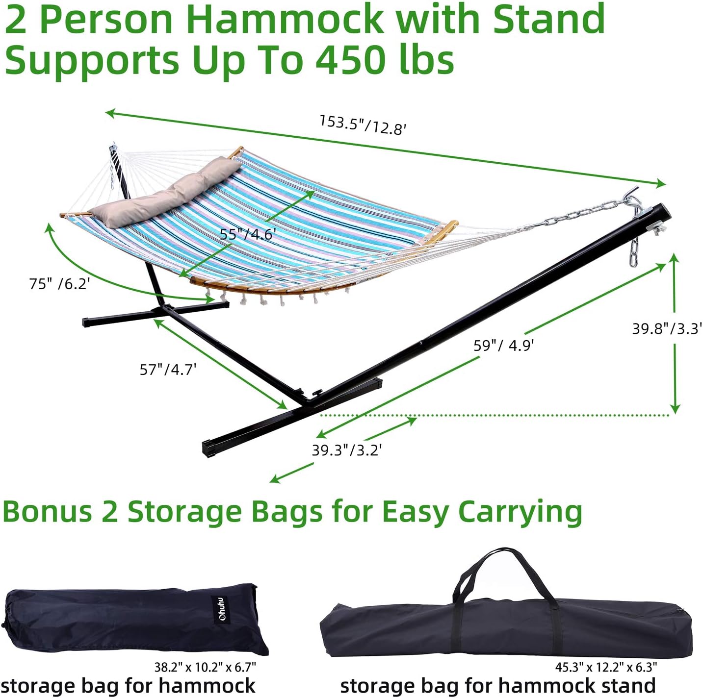Ohuhu Double Hammock with 12.8 FT Hammock Stand, 55" x 75" Quilted Fabric Hammock Swing with Strong Curved-Bar Bamboo & Pillow, Stable Detachable Metal Stand, Bonus 2 Carrying Bag, Blue & White Strip: Furniture & Decor