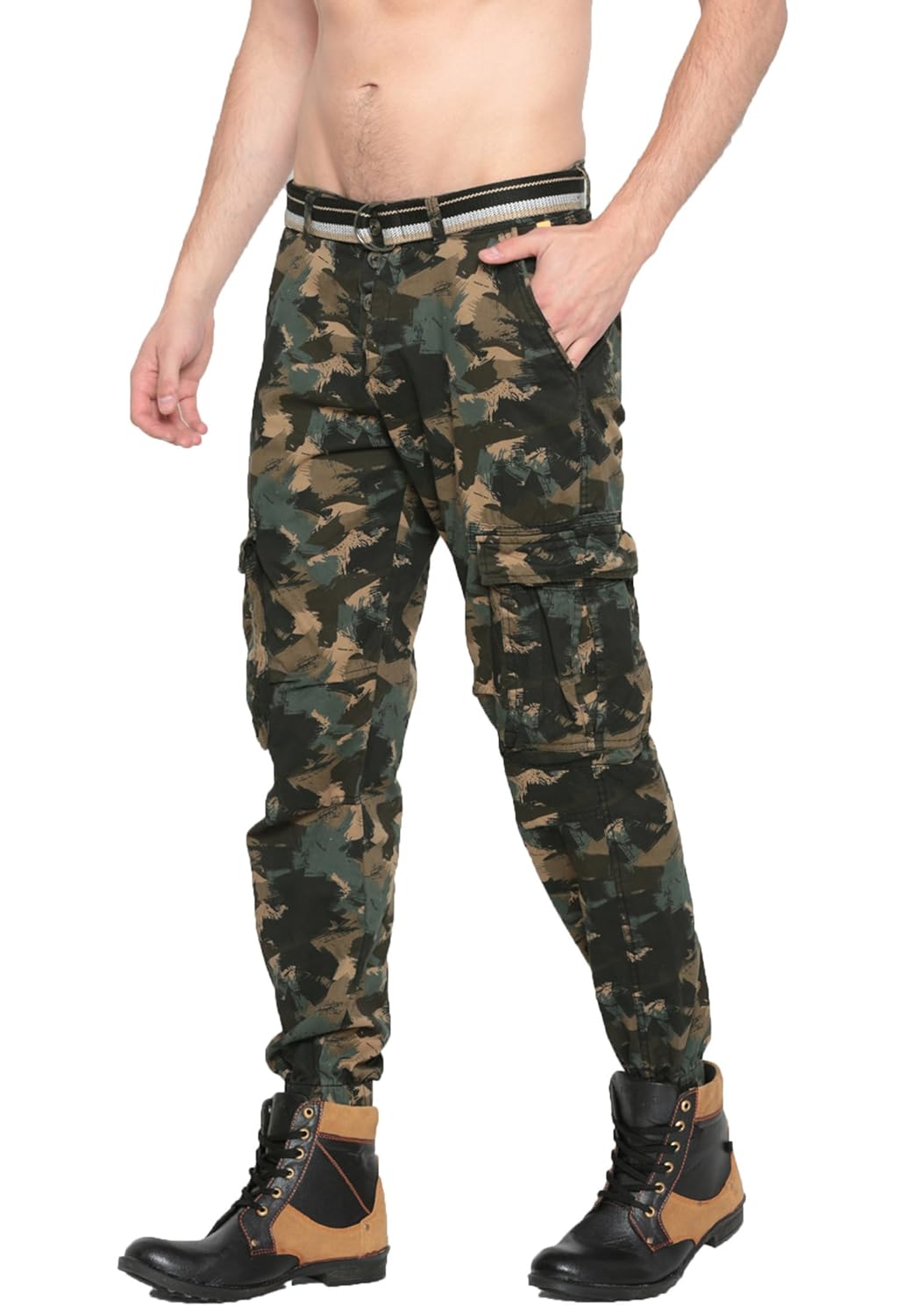 sports52 wear men's cotton beige tapered fit printed cargos