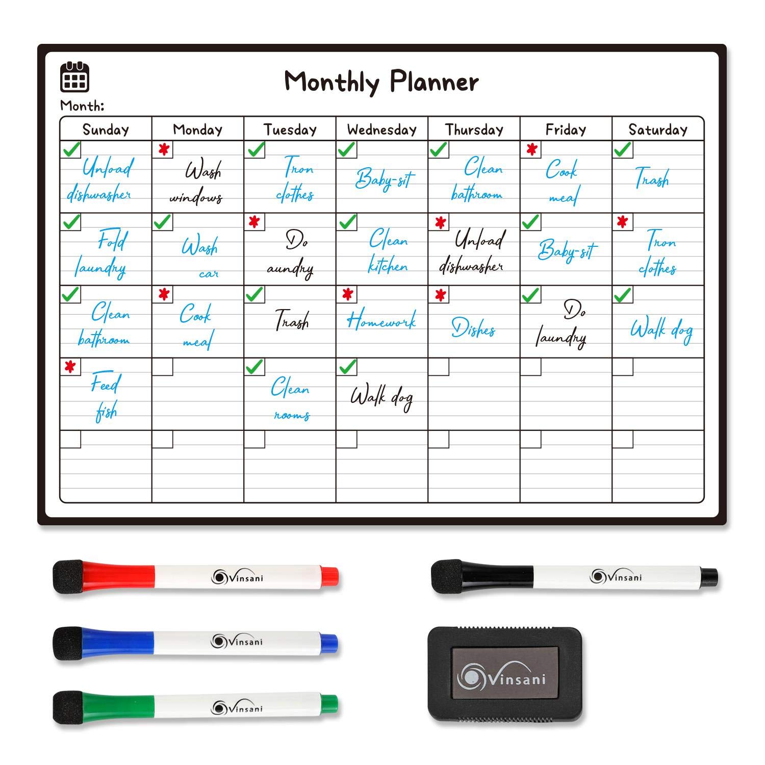 Vinsani Monthly & Weekly Whiteboard A3 Size - Make Notes, Lists, Memos, Menus. for Home, School, Office and Kitchen Use with 4 Free Magnetic Dry Wipe Pens and Magnetic Eraser (Monthly)