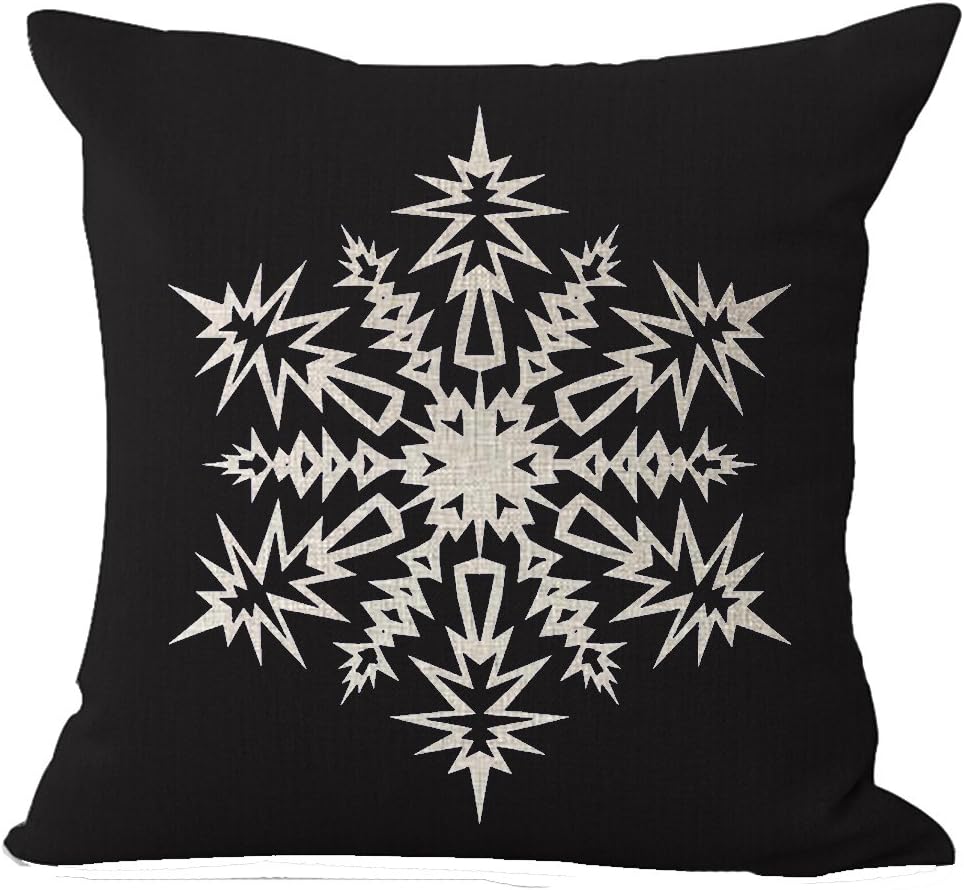 Cotton Linen Happy Holidays Geometric Abstract Fantastic Beige Snowflake in Black Merry Pillow Case Cushion Cover Decorative Bedroom Living Room Square 18 Inches