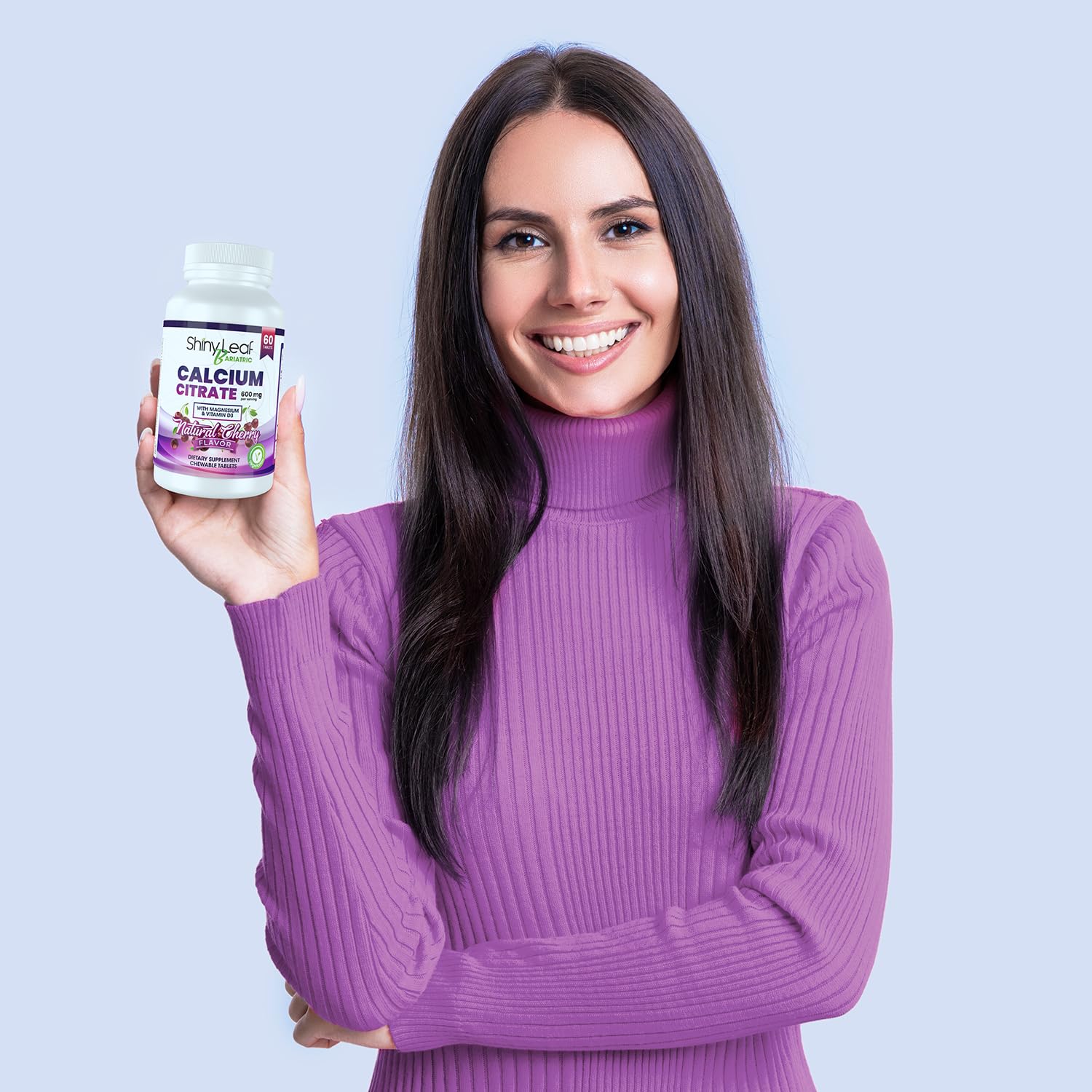 Shiny Leaf Bariatric Calcium Citrate 600 mg Supplement for Bariatric Surgery Patients, 60 Ct Chewable Tablets with Magnesium, Vitamin D3, Natural Cherry Flavor, Vegetarian Formula (1 Month), White
