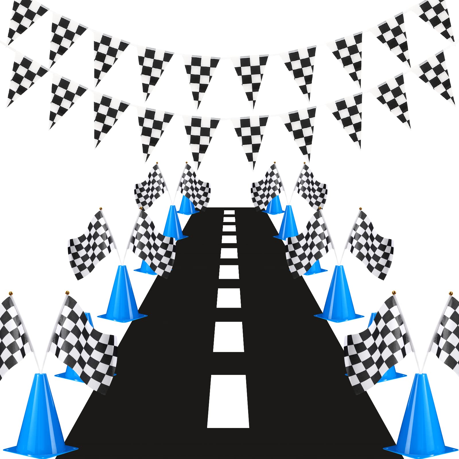 Photo 1 of Skylety Traffic Cones and Racing Checkered Flags Set-Include 12 Plastic Traffic Cones,12 Flags with Sticks,31 ft Checkered Pennant Banner and 9.8 x 2 ft Racetrack Floor Running Mat(Blue)