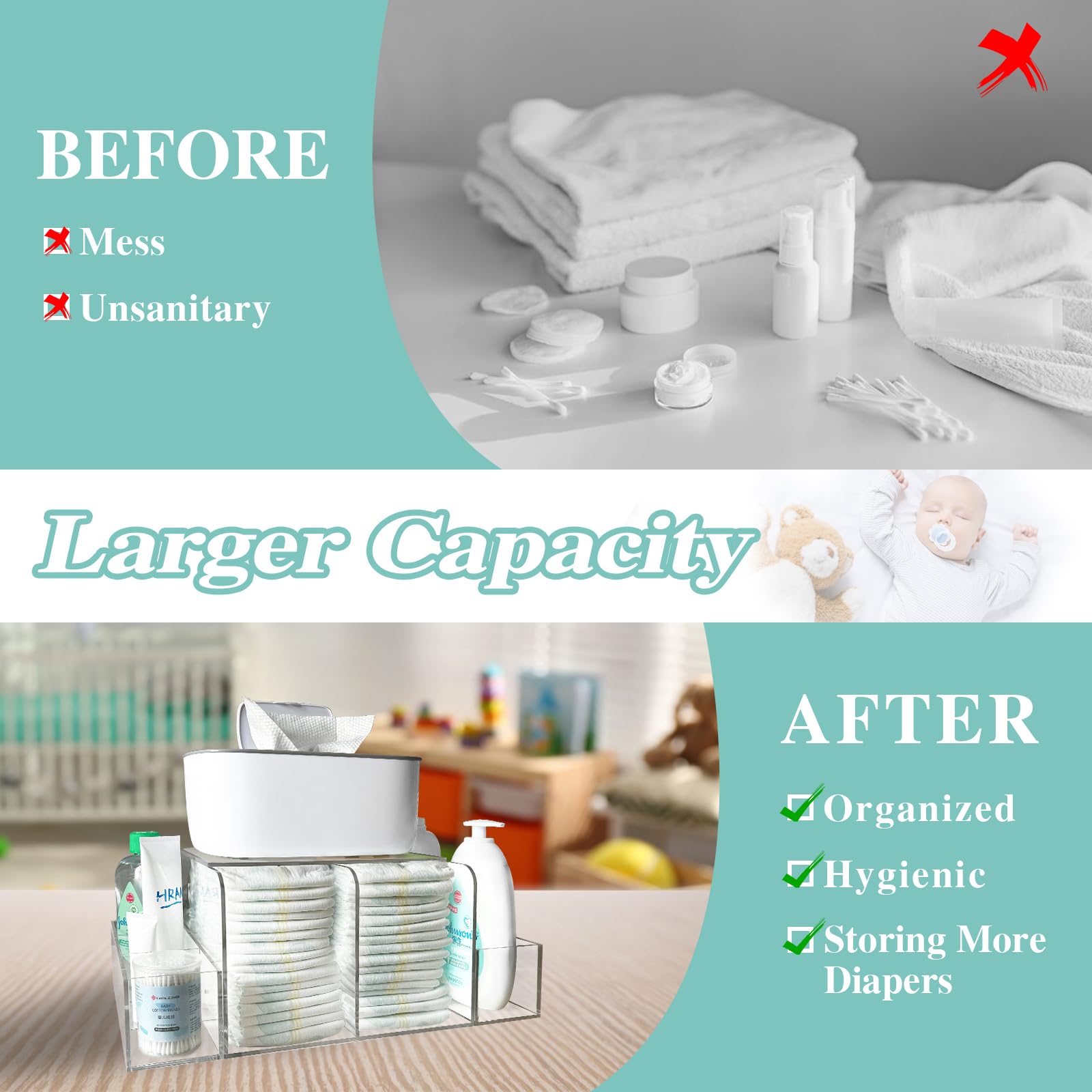 GILPWA Diaper Caddy, Baby Changing Table Organizer, Detachable Clear Acrylic Diaper Storage for Wipe Dispenser, Wipe Warmer and other Diapering Essentials
