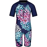 TFJH E Short Sleeve Girls Swimsuits UV 50+ One Pieces Bathing Suits Zipper 2-14Y