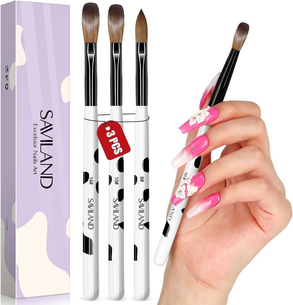 Saviland Acrylic Nail Brush Set Kolinsky Hair Size 8 10 14 Professional Nail