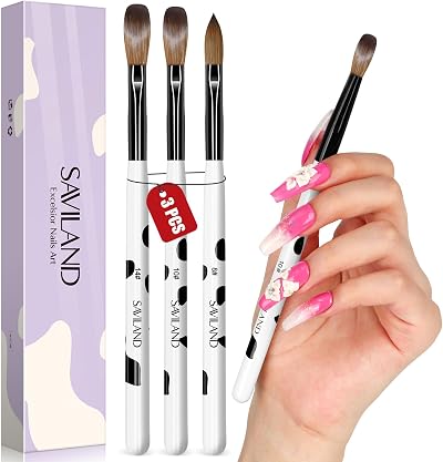 Saviland Acrylic Nail Brush Set Kolinsky Hair Size 8 10 14 Professional Nail