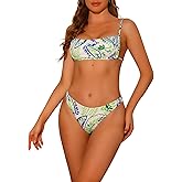 Elerevyo Women's Leaf Print Colorful Bandeau Bikini Sets, 2 Piece Lace Up Adjustable Straps Bathing Suit Swimsuit Swimwear